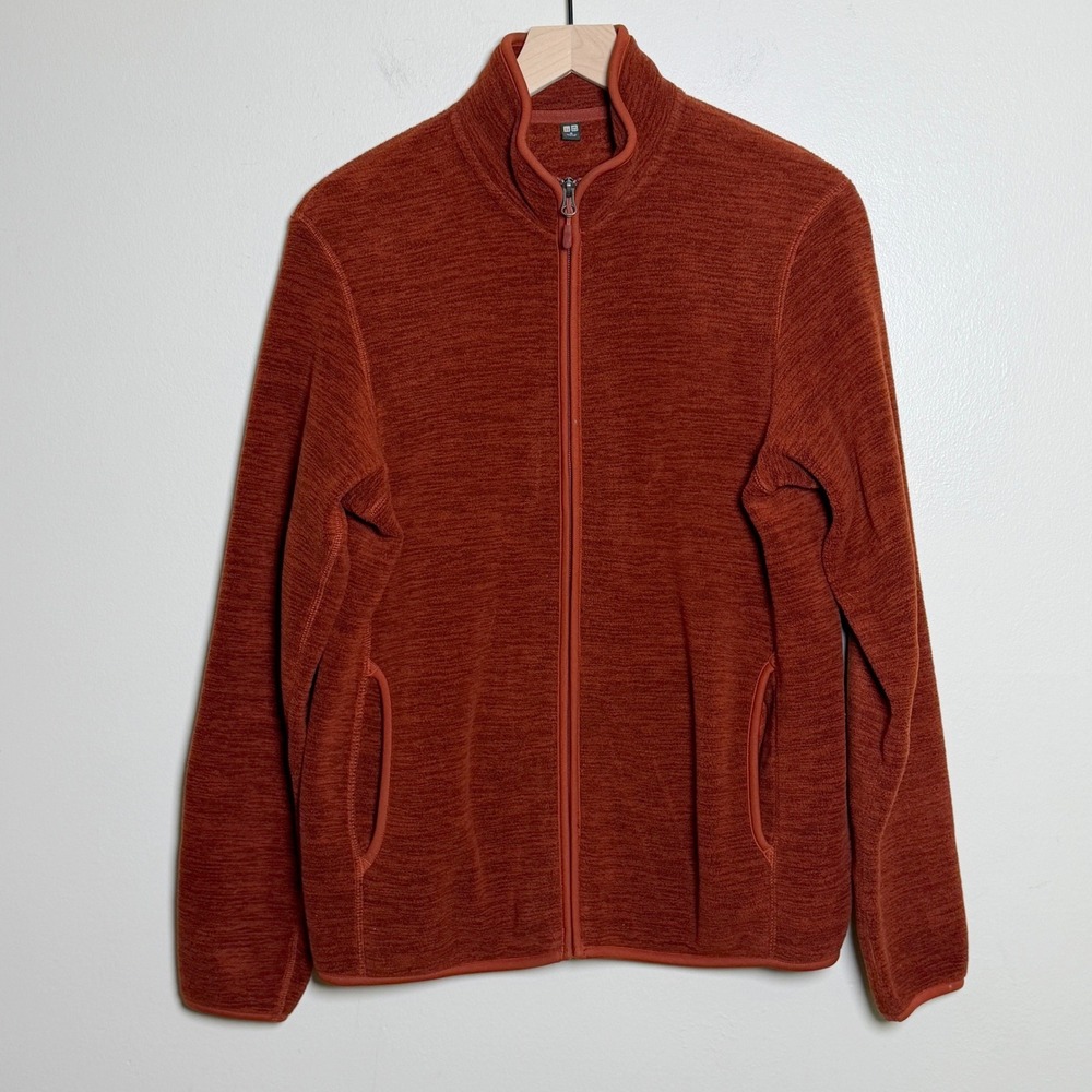 Uniqlo Mens Fleece Jacket M Orange Full Zip Mock Neck Gorpcore Outdoor Hiking